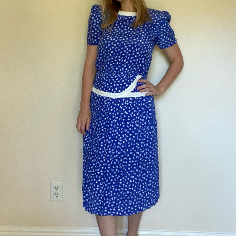 Vintage blue and white floral drop waist dress